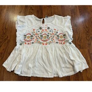 Lucky Brand Women’s Boho Floral Embroidered White Cotton Blouse Large Flowy Top